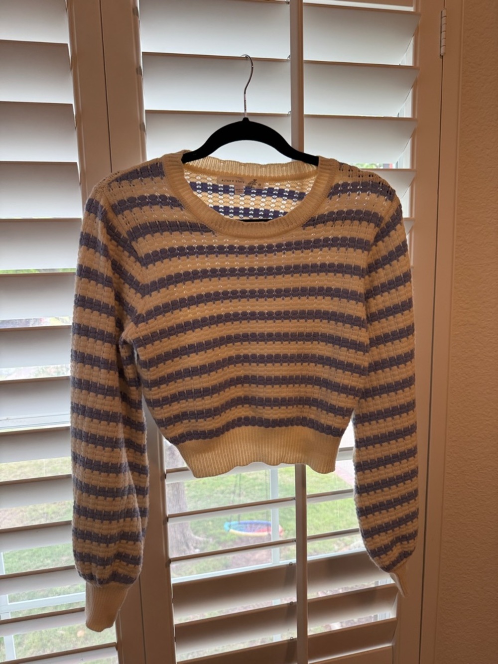 Striped Cropped Knit Sweater in Cream and light blue